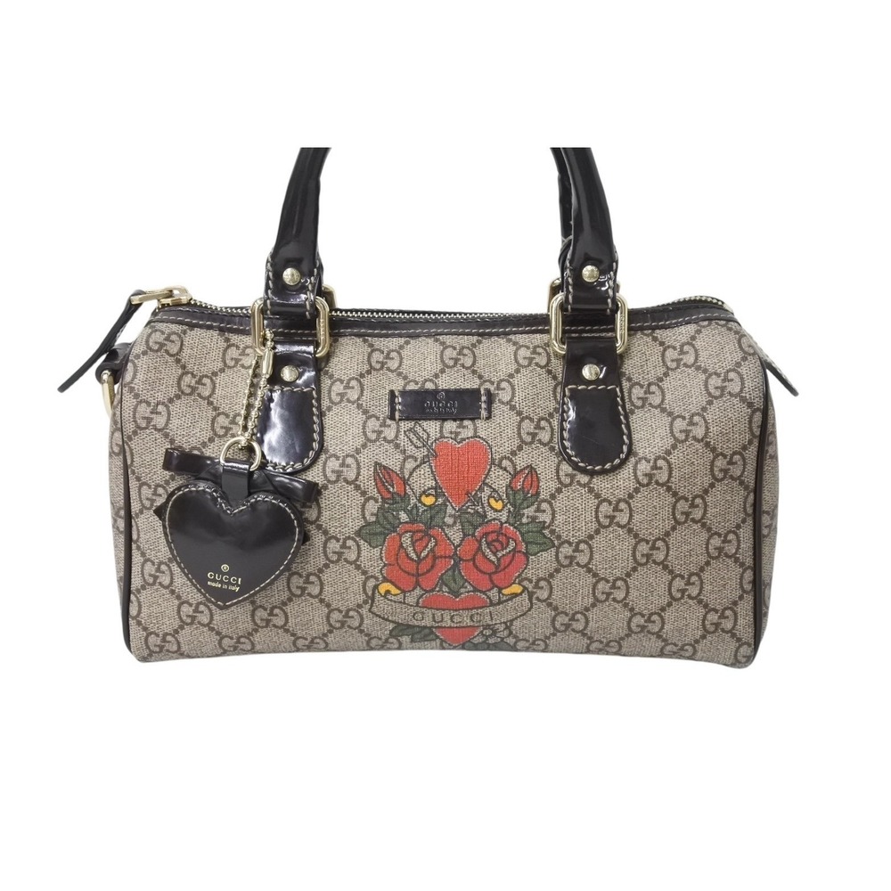 Gucci GG Leather Handbag Charm Supreme Heart Tattoo Tan
